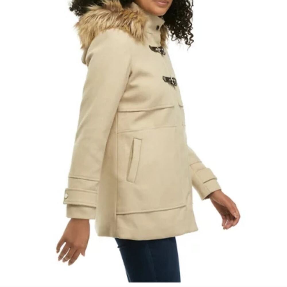 COFFEE SHOP NWT WOMENS SZ L WOOL BLEND FAUX FIR TRIMMED DUFFLE COAT - Picture 4 of 7